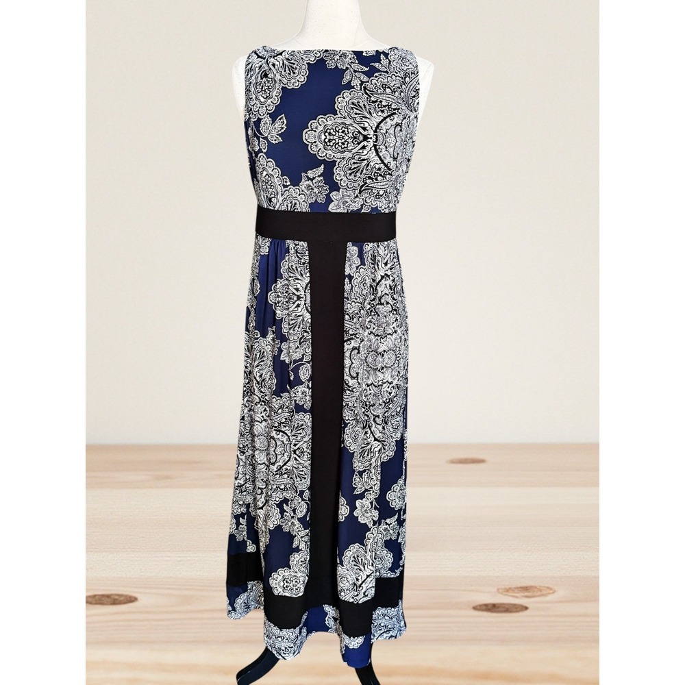 Chaps By Ralph Lauren Maxi Dress Sz L Petit Womens Sleeveless Blue Black & White